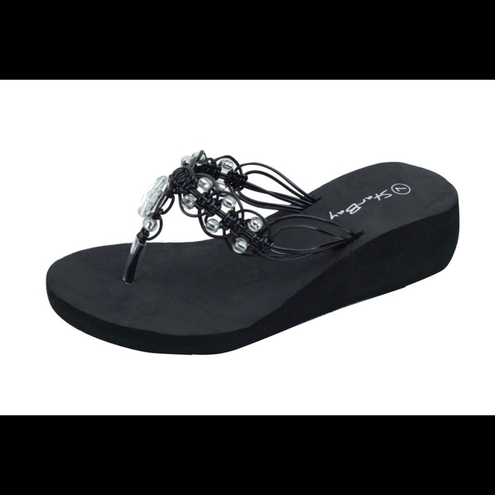 Ladies wedge sandals black rhinestone flip flop